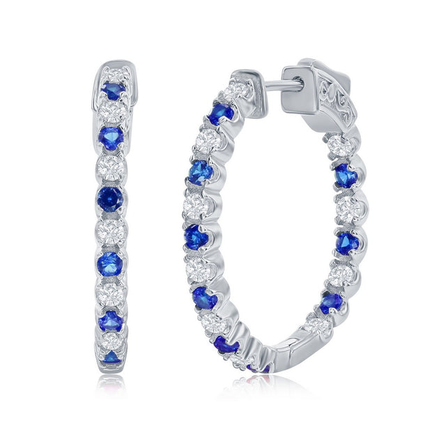 Created Blue & White Sapphire Sterling Silver Hoops