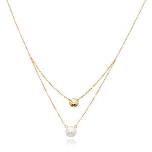 Single Pearl and Gold Bead Double Necklace